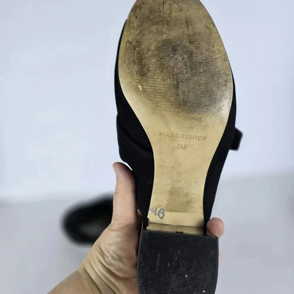 Marc Fisher Rima Mule Sandals Size 9M Black Suede Leather Mirrored Block Heel - Picture 10 of 13